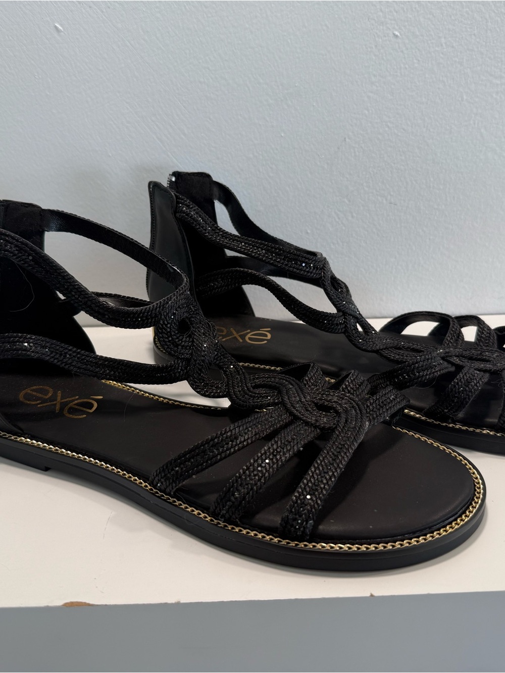Exe’ “Ariana” Zip Sandal in Black w Gold Detailing - NWT. Size 40EU